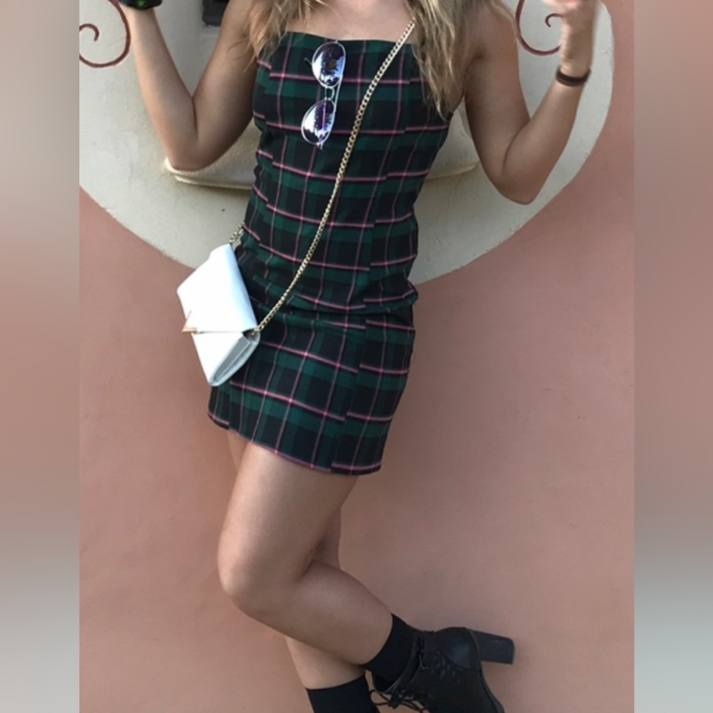 Urban Outfitters Plaid Mini Dress - Dark Green and Pink